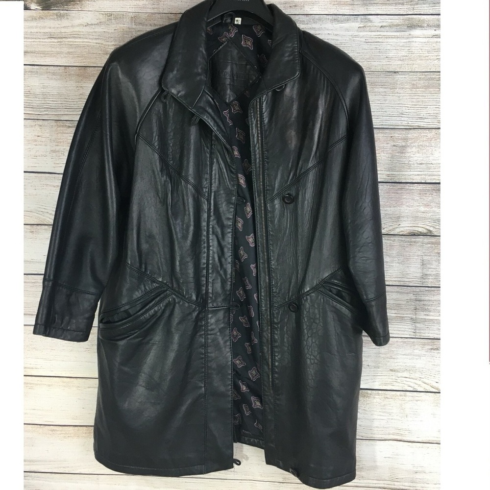 Vintage Preston & York Oversized Mid Length Black Leather Coat
